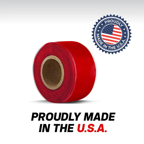 Red roll of Rescue Tape Self Fusing Silicone Tape For Emergency Plumbing And Radiator Hose Fast Fix. Made in USA badge visible.