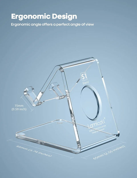 Clear Acrylic Cell Phone Stand For Your Desk And Office, A Slick Hands Free Phone Holder That Keeps 4-8 Inch Screens Front And Center, ergonomic angle