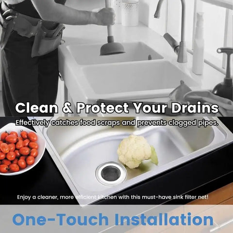 Person using plunger on sink, 4.5 Inch Stainless Steel Sink Strainer Basket Pack Of 2 Universal Kitchen Drain Filter Hair Catcher visible