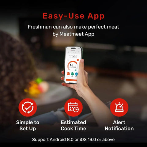 Person using app for WiFi Bluetooth Smart Meat Thermometer With AI Cooking Assistant And App Control, remote monitoring
