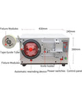 2-Axis Automatic Tape Wrapping Machine For Transformer Coils And Lithium Battery Charger Coils, Handles 34mm To 77mm Tapes Up And Down, Auto Homing, Foot Switch Control, Compact Workhorse For Factories, Warehouses, And Logistics Centers. front view with dimensions