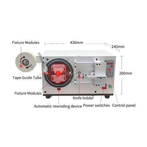 2-Axis Automatic Tape Wrapping Machine For Transformer Coils And Lithium Battery Charger Coils, Handles 34mm To 77mm Tapes Up And Down, Auto Homing, Foot Switch Control, Compact Workhorse For Factories, Warehouses, And Logistics Centers. front view with dimensions