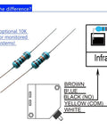 Diagram showing optional 10K resistor included in IP67 Waterproof Retro Reflective Photoelectric Beam Sensor Kit package.