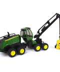1:16 Scale Harvester Toy With Rotating Cab And Tree Trunk Access, green forestry vehicle, durable plastic windows, outdoor play.