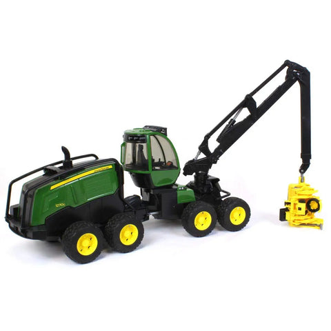 1:16 Scale Harvester Toy With Rotating Cab And Tree Trunk Access, green forestry vehicle, durable plastic windows, outdoor play.