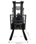 Heavy Duty Electric Pallet Stacker 197 Inch Lift Height 6600 Lb Capacity front view with forks and dimensions displayed.