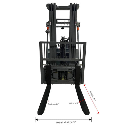 Heavy Duty Electric Pallet Stacker 197 Inch Lift Height 6600 Lb Capacity front view with forks and dimensions displayed.
