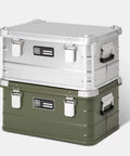 Rugged Folding Storage Box With Lid Heavy Duty Aluminum Frame Stackable Gear Crate built tough for camping in silver and green colors.