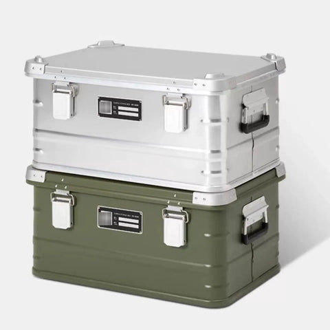 Rugged Folding Storage Box With Lid Heavy Duty Aluminum Frame Stackable Gear Crate built tough for camping in silver and green colors.