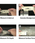 VWAC Undercut Gauge For Welders Stainless Steel Inspection Tool Reads Bead Undercuts Pit Depth Misalignment And Porosity Size In Inches Zero To One Quarter Inch Increments Per Inch Porosity Check showing weld measurement use