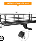 Heavy Duty Folding Hitch Cargo Carrier With 750 Pounds Capacity Fits Two Inch Receiver installation size map and dimensions