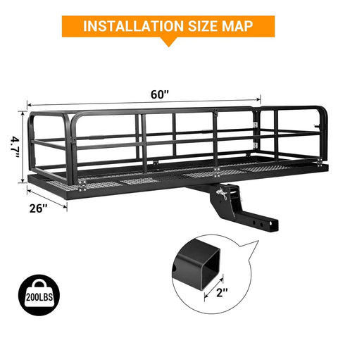 Heavy Duty Folding Hitch Cargo Carrier With 750 Pounds Capacity Fits Two Inch Receiver installation size map and dimensions