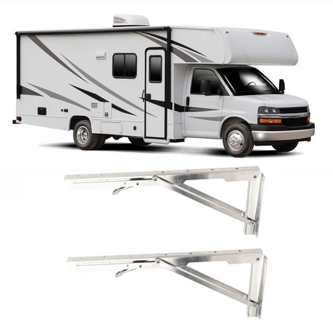 Heavy Duty Folding Shelf Brackets Stainless Steel Wall Mounted 15.6 Inch Load 551 Lbs for RV use, shown next to RV