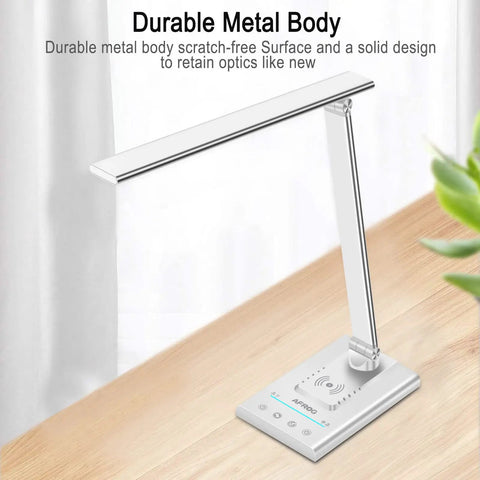 Dope All In One LED Desk Lamp With 15W Fast Wireless Charging And USB Port, metal body on wooden desk