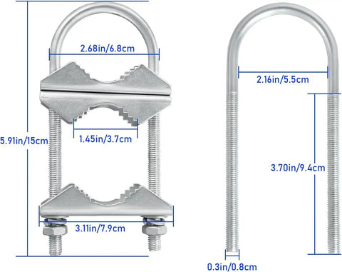 Heavy Duty Mast Clamp Kit For Dual Antenna Mounts With V Jaw Brackets And U Bolts, Two Pack Pole Mount Brackets For Outdoor Roof Or Mast Install, Zinc Plated Iron Construction With Rust Proof Finish Built To Last. Zinc-plated iron V-jaw U-bolt clamp, 24-54 mm, 2-pack.