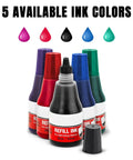 5 available ink colors for Built Like A Tank Custom Date Stamp With Personalized Text, refillable ink bottles.