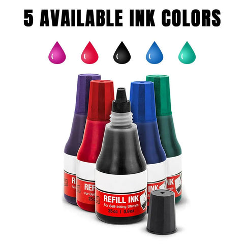 5 available ink colors for Built Like A Tank Custom Date Stamp With Personalized Text, refillable ink bottles.