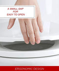 Hand demonstrating Elongated Toilet Seat With Quiet Close Lid No Slam Slow Close Fits Standard Elongated Or Oblong Toilets Oval White