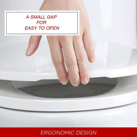Hand demonstrating Elongated Toilet Seat With Quiet Close Lid No Slam Slow Close Fits Standard Elongated Or Oblong Toilets Oval White