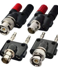 All In One 4 Piece BNC Binding Post Banana Adapter Kit for RF Coax Cables with BNC Male to Dual Banana connectors visible