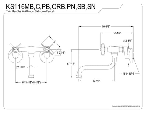 Diagram of Adjustable Center Wall Mount Bathroom Faucet in Brushed Brass, Drip Free Ceramic Disc Cartridge, 3.5 to 8.5 Inch Center Reach