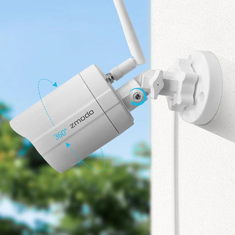 Outdoor camera from All In One Home Security Camera Bundle For Indoor And Outdoor Use 1080p HD Wireless WiFi Motion Detection mounted on wall
