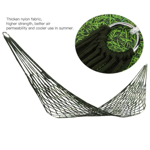 Single Person Outdoor Camping Hammock With Breathable Nylon Mesh And Rope, green hammock with metal ring detail.