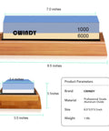 Dual Sided Whetstone Knife Sharpener Kit 1000/6000 Grit with dimensions and product details chart