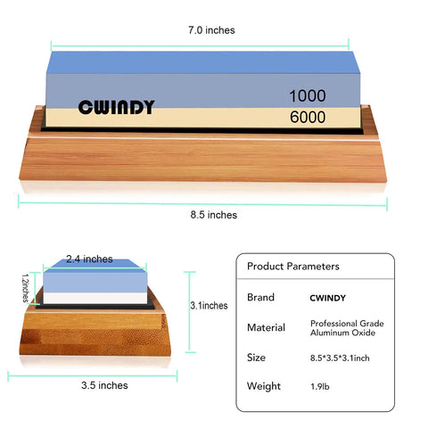 Dual Sided Whetstone Knife Sharpener Kit 1000/6000 Grit with dimensions and product details chart
