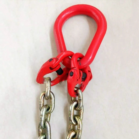 Close-up of the Double Trailer Hooks on the Badass Heavy Duty Hauling Chain With Double Trailer Hooks Built From Industrial Strength Electroplated Steel Ten Mm Thick Links Rated Five Ton Safe Working Load For Trucks And Rough Road Lugging.