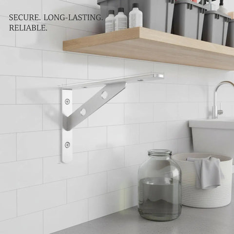 Heavy Duty Stainless Steel Shelf Bracket Wall Mount Built To Last For Garage Kitchen And Bath Storage Secure Stud Mount Level Shelving Support One Pack installed under wooden shelf on white tiled wall.
