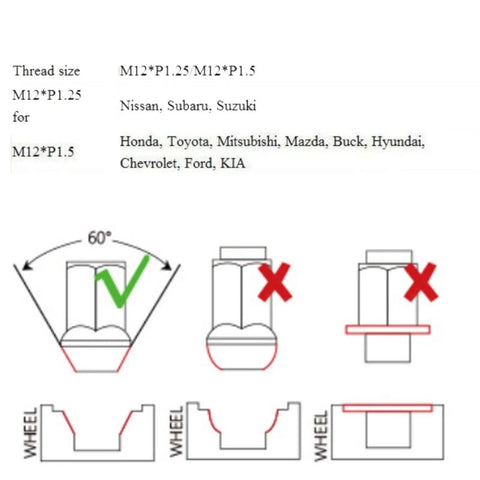 Thread size and fitment diagram for Ultra Lightweight Titanium Lug Nuts 12 Point Stud Lock For M12 And M14 Wheels Open End 20 Pack