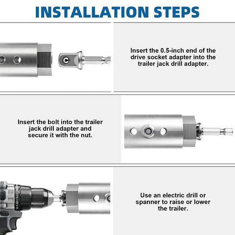 Installation steps for Heavy Duty Trailer Jack Drill Adapter For 1 Inch Cordless Shafts And Half Inch Square Drive.