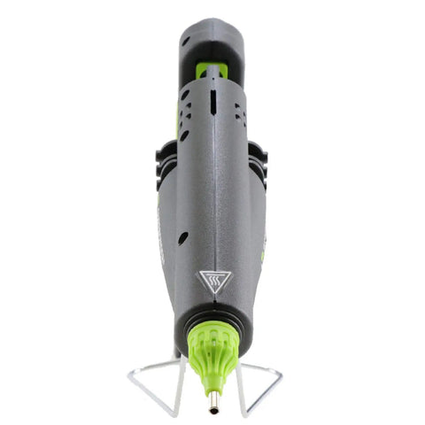 Front view of Heavy Duty 300 Watt Hot Glue Gun That Packs A Punch With Adjustable Temperature From 220 To 440 F Uses Full Size Seven Sixteenth Inch Sticks And Includes Three Nozzle Tips Built For Woodworking Construction And Delicate Foam Bonding PRO9700A showing nozzle and kickstand