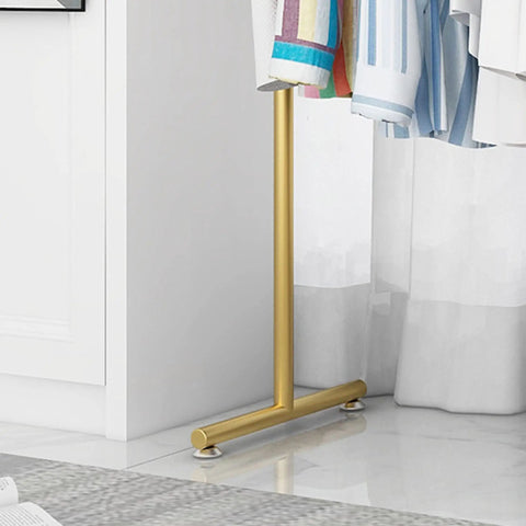 Heavy Duty Free Standing Pipe Clothes Rack With Golden Coat Hanger Durable Drying Rack for modern bedroom storage solution.
