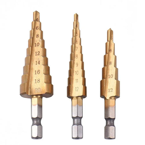 Hex Shank Quick Change Step Drill Bit Set with 1/4 inch shank, HSS titanium coated, spiral grooved, sizes 3-12mm, 4-12mm, 4-20mm