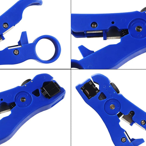 Universal Coax And Cat5 Cat6 Stripping Tool For RG59 RG6 RG7 RG11 Reversible Cassette With Adjustable Blade, blue plastic design