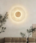 Wall Sconce Modern Indoor Round LED Nordic Hall Natural Stone Vintage Industrial Hallway Fixture Yellow Travertine Mid Century Farmhouse for Living Room Bedside on wall with warm light effect.