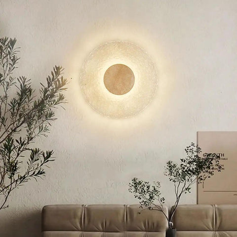 Wall Sconce Modern Indoor Round LED Nordic Hall Natural Stone Vintage Industrial Hallway Fixture Yellow Travertine Mid Century Farmhouse for Living Room Bedside on wall with warm light effect.