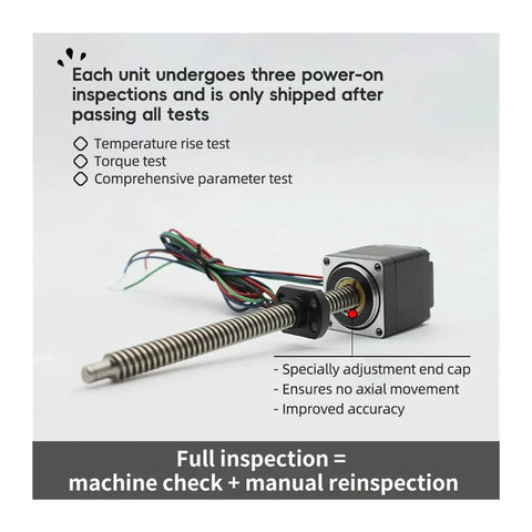 NEMA 8 Stepper Motor Linear Actuator with Through Type Leadscrew Tr3.5, undergoing inspection for torque and accuracy.