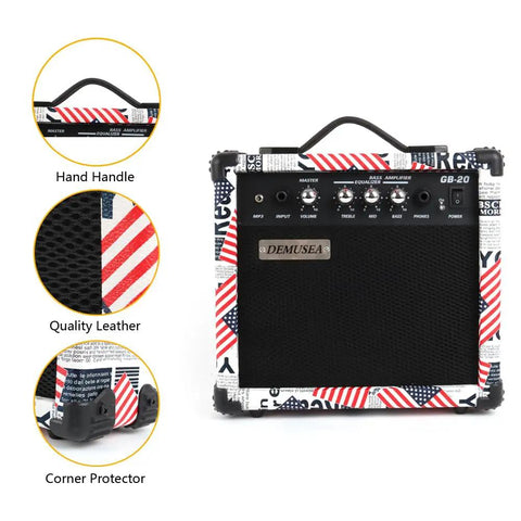 20W Portable Electric Bass Guitar Amplifier for Beginners with Headphone Jack and MP3 Playback Compact Travel Practice Amp