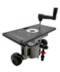 Top Shelf Router Lift Installation Kit With Aluminum Insert Plate For 65mm Trimming Machines and Precision Woodworking Rig with adjustment knob.
