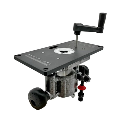 Top Shelf Router Lift Installation Kit With Aluminum Insert Plate For 65mm Trimming Machines and Precision Woodworking Rig with adjustment knob.