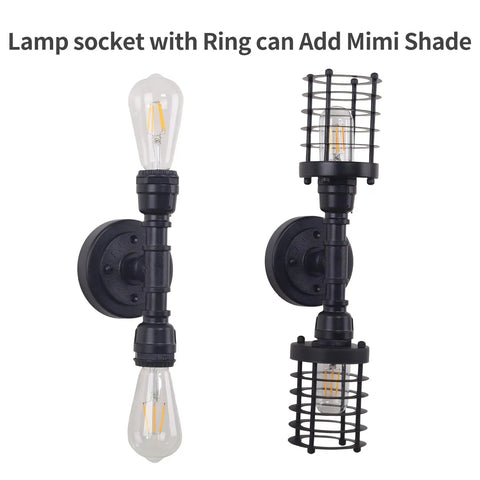 Vintage Edison Vibe Two Light Bathroom Vanity Wall Sconce in Black Finish with Industrial Water Pipe Design, vertical view, two bulbs