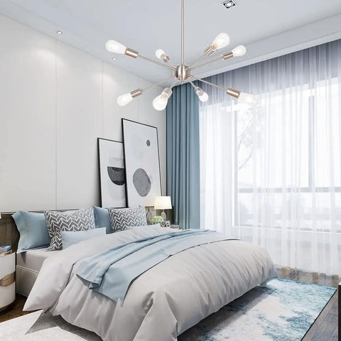 Dope Contemporary Sputnik Chandelier 8 Light Brushed Nickel Pendant Lighting Mid Century Starburst Ceiling Fixture For Living Room Dining Room And Foyer Modern Home Decor above a stylish bedroom setup