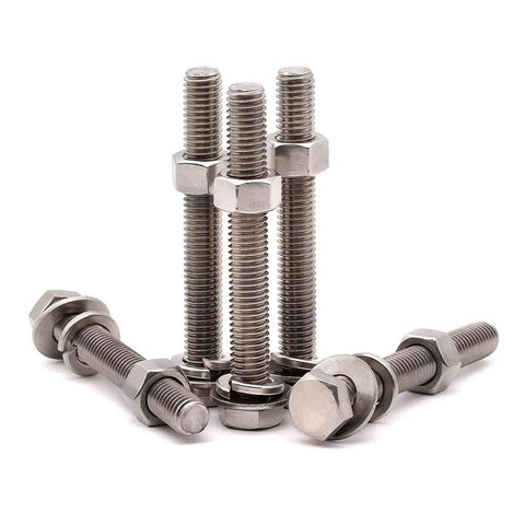 Front view of four sets of stainless steel 1/2-13 x 6 hex bolts with nuts and flat and lock washers.