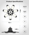 Ultra Bright 250W LED Garage Light 25000LM with 7 Foldable Panels, 6500K daylight specs diagram, adjustable 360° coverage