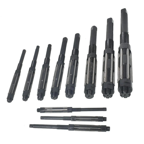 Pro Grade 11 Piece Adjustable Hand Reamer Set H4 To H14, 11.75mm To 38mm Range, High Speed Steel Blades displayed in rows