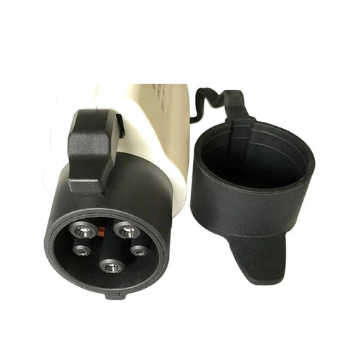 Top Shelf 50A SAE J1772 Plug Built For Hassle Free Level 2 Electric Car Charging Station Hookups With Heavy Duty Weather Sealed Type 1 No Cable Adaptor close-up showing connectors and cap.