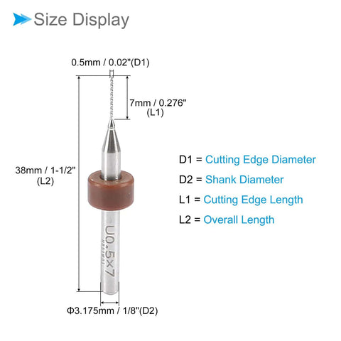 PCB Drill Bits Set Zero Point Five Millimeter Cutting Edge Tungsten Carbide One Eighth Inch Shank, size dimensions shown